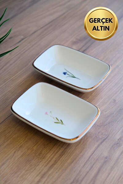 Tabak Evi Porselen Natura Karma Altın Yaldızlı Dikdörtgen Kayık Tabak 10x7x2 CM - 2 Parça