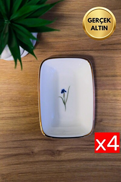 Tabak Evi Porselen Natura İris Altın Yaldızlı Dikdörtgen 10x7x2 CM 4'lü Kayık Tabak