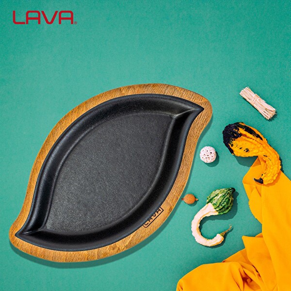 Lava Döküm Dikdörtgen Servis Tabağı ve Ahşap Altlığı Ölçü 15x26 CM