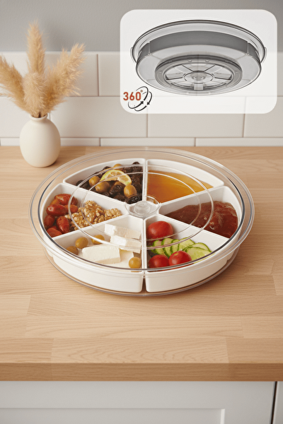 Mithra Life 360 Derece Döner Kapaklı 6 Bölmeli Beyaz Kahvaltı Sunum Saklama Tabağı Kabı MIT1289