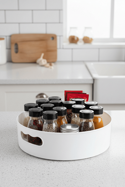 Mithra Life 360 Derece Döner Beyaz Banyo Mutfak Düzenleyici Organizer Toparlayıcı Tepsi MIT1286