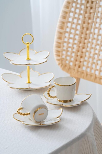 Acar Joyce Gold Standlı Mini Pasta Ve Kahve Fincan Takımı 5 Parça 2 Kişilik KAI-07648