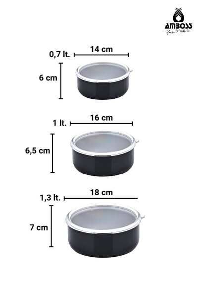Amboss Crispella 14-16-18 CM Emaye Saklama Kabı Seti - Siyah 6 Parça