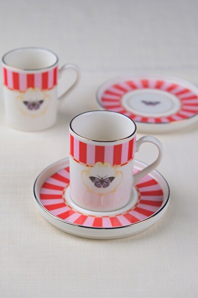 Tabak Evi Porselen Butterfly Collection Altın Yaldızlı Kahve Fincanı - 85 CC Kırmızı 2 Kişilik