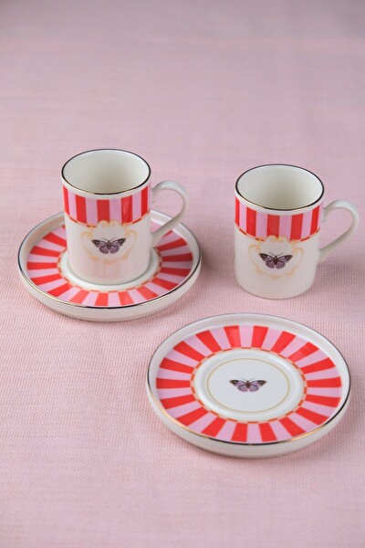 Tabak Evi Porselen Butterfly Collection Altın Yaldızlı Kahve Fincanı - 85 CC Kırmızı 2 Kişilik