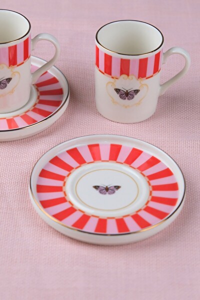 Tabak Evi Porselen Butterfly Collection Altın Yaldızlı Kahve Fincanı - 85 CC Kırmızı 2 Kişilik