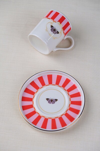 Tabak Evi Porselen Butterfly Collection Altın Yaldızlı Kahve Fincanı - 85 CC Kırmızı 1 Kişilik