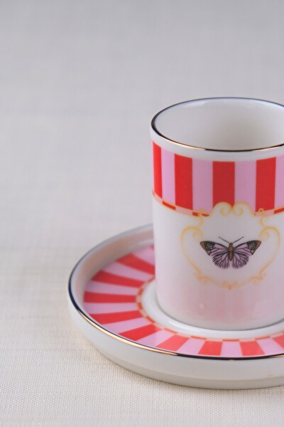 Tabak Evi Porselen Butterfly Collection Altın Yaldızlı Kahve Fincanı - 85 CC Kırmızı 1 Kişilik