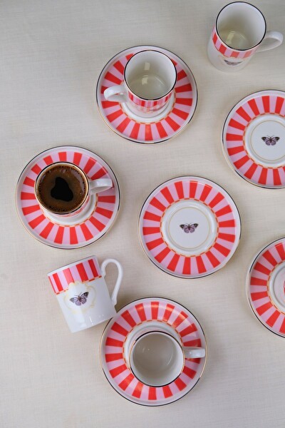 Tabak Evi Porselen Butterfly Collection Altın Yaldızlı Kahve Fincanı 85 CC Kırmızı 6 Kişilik