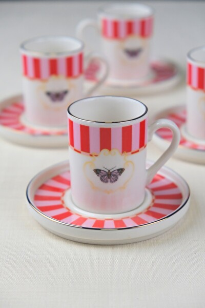 Tabak Evi Porselen Butterfly Collection Altın Yaldızlı Kahve Fincanı 85 CC Kırmızı 6 Kişilik