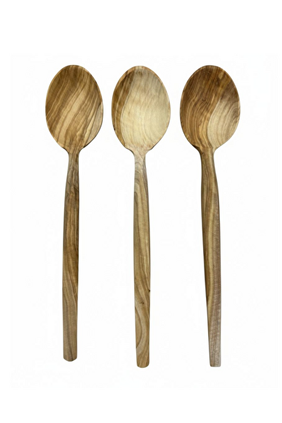 Kitchen Design Lab Doğal Zeytin El Yapımı Zeytin Ağacı Servis Kaşığı - 27 CM Doğal Ahşap 3 Adet