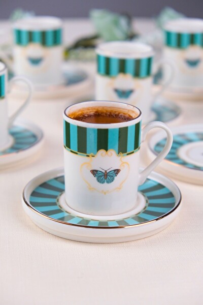 Tabak Evi Porselen Butterfly Collection Altın Yaldızlı Kahve Fincanı 85 CC Yeşil 6'lı