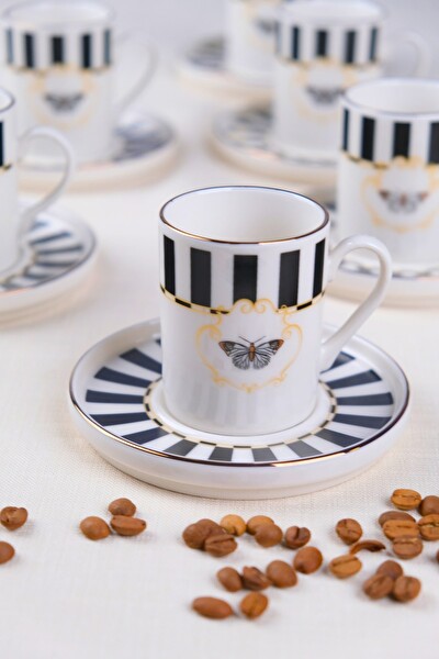 Tabak Evi Porselen Butterfly Collection Altın Yaldızlı Kahve Fincanı 85 CC - 12 Parça Siyah