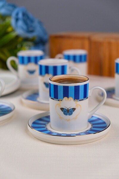 Tabak Evi Porselen Butterfly Collection Altın Yaldızlı Kahve Fincanı 85 CC - 12 Parça Mavi