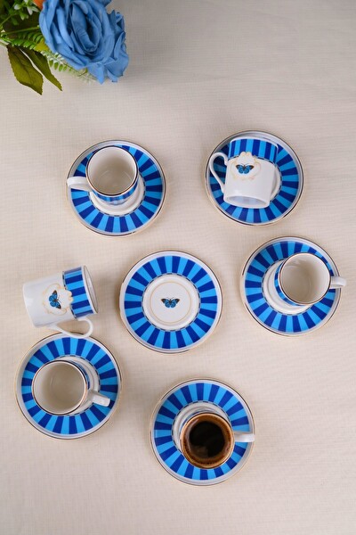 Tabak Evi Porselen Butterfly Collection Altın Yaldızlı Kahve Fincanı 85 CC - 12 Parça Mavi