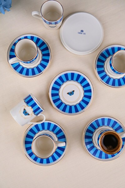 Tabak Evi Porselen Butterfly Collection Altın Yaldızlı Kahve Fincanı 85 CC - 12 Parça Mavi