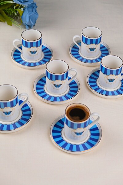 Tabak Evi Porselen Butterfly Collection Altın Yaldızlı Kahve Fincanı 85 CC - 12 Parça Mavi