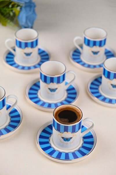 Tabak Evi Porselen Butterfly Collection Altın Yaldızlı Kahve Fincanı 85 CC - 12 Parça Mavi