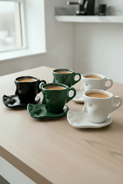 Mithra Life MIT1313 110 ML 12 Parça - 6 Kişilik Yüz Seramik Fincan Takımı Siyah Beyaz Yeşil