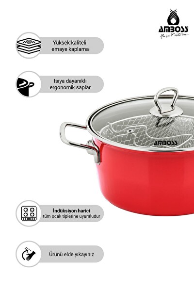 Amboss Crispella 22 CM Cam Kapaklı Emaye Kızartma Tenceresi - Kırmızı