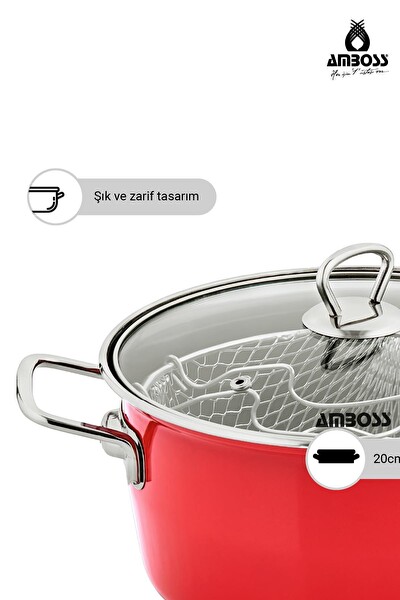 Amboss Crispella 22 CM Cam Kapaklı Emaye Kızartma Tenceresi - Kırmızı