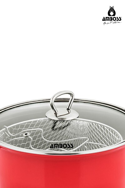 Amboss Crispella 22 CM Cam Kapaklı Emaye Kızartma Tenceresi - Kırmızı