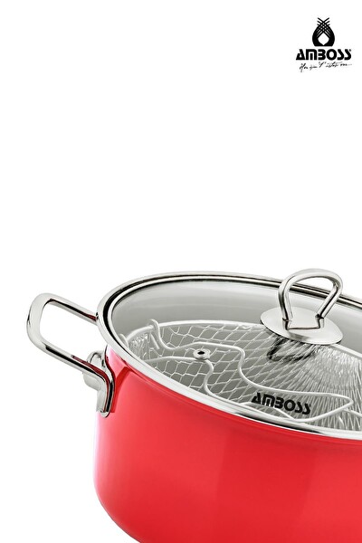 Amboss Crispella 22 CM Cam Kapaklı Emaye Kızartma Tenceresi - Kırmızı