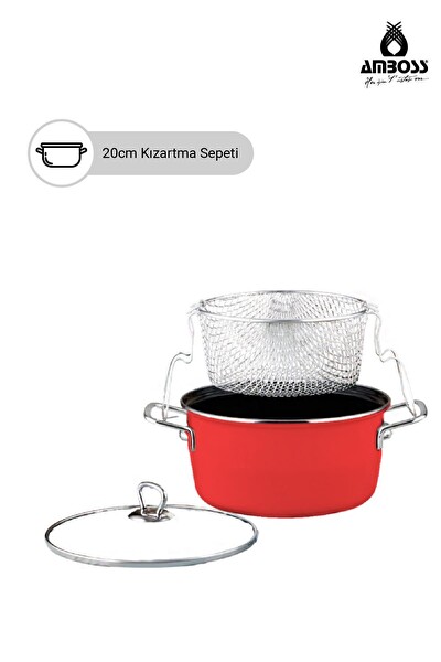 Amboss Crispella 22 CM Cam Kapaklı Emaye Kızartma Tenceresi - Kırmızı