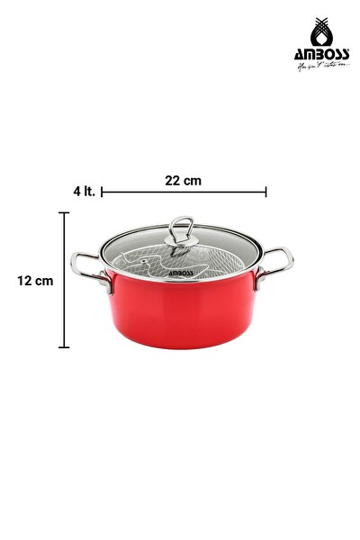 Amboss Crispella 22 CM Cam Kapaklı Emaye Kızartma Tenceresi - Kırmızı