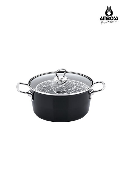 Amboss Crispella 22 CM Cam Kapaklı Emaye Kızartma Tenceresi - Siyah