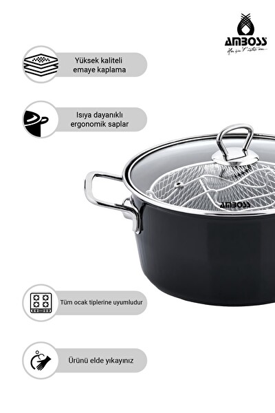 Amboss Crispella 22 CM Cam Kapaklı Emaye Kızartma Tenceresi - Siyah