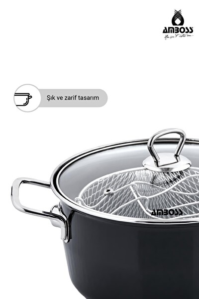 Amboss Crispella 22 CM Cam Kapaklı Emaye Kızartma Tenceresi - Siyah