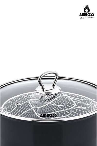 Amboss Crispella 22 CM Cam Kapaklı Emaye Kızartma Tenceresi - Siyah
