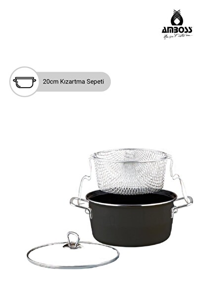 Amboss Crispella 22 CM Cam Kapaklı Emaye Kızartma Tenceresi - Siyah