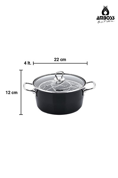 Amboss Crispella 22 CM Cam Kapaklı Emaye Kızartma Tenceresi - Siyah