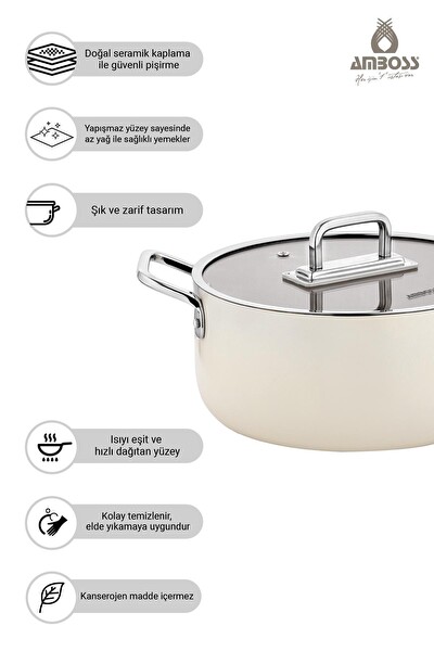 Amboss Sera Nova Doğal Seramik Derin Tencere 24 CM 4.8 L - Latte Krem