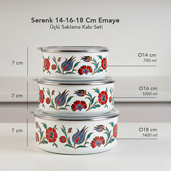 Serenk 14-16-18 CM Emaye Üçlü Saklama Kabı Seti
