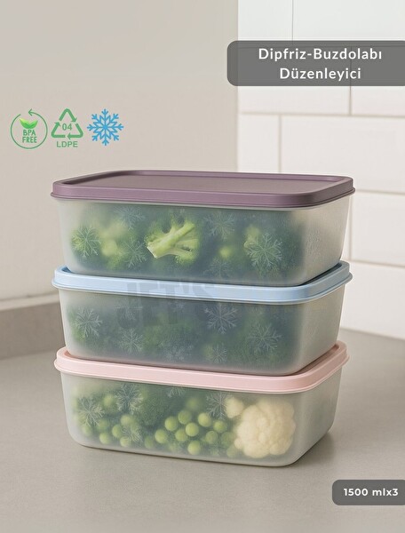 Jet's Home 3lü Dipfriz Saklama Kabı 1500 ML No Frost Silikon Kapaklı Derin Dondurucu Düzenleyici BPA Free