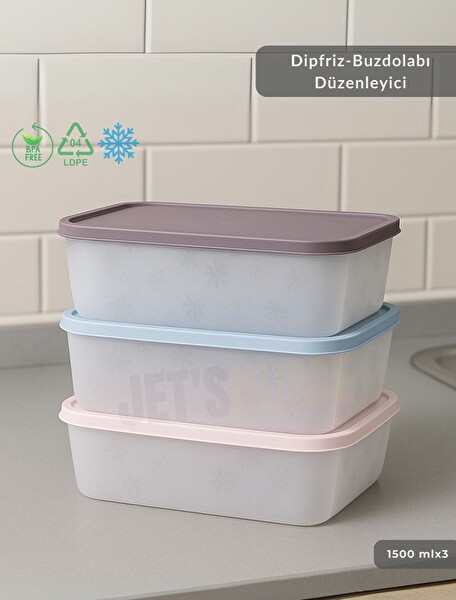 Jet's Home 3lü Dipfriz Saklama Kabı 1500 ML No Frost Silikon Kapaklı Derin Dondurucu Düzenleyici BPA Free
