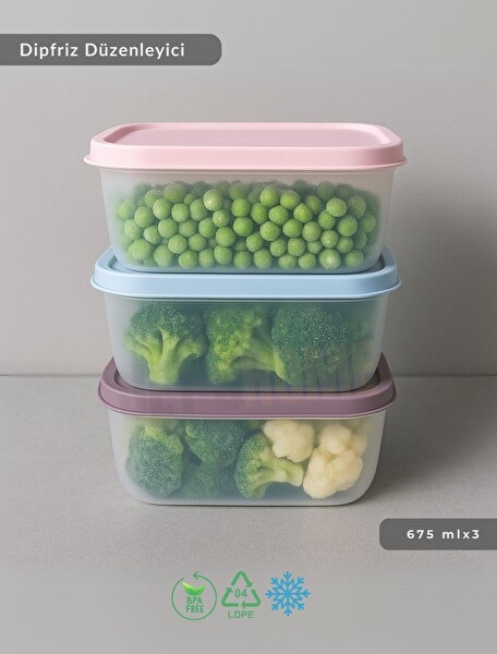 Jet's Home 3'lü Dipfriz Saklama Kabı 675 ML No Frost Silikon Kapaklı Derin Dondurucu Düzenleyici BPA Free