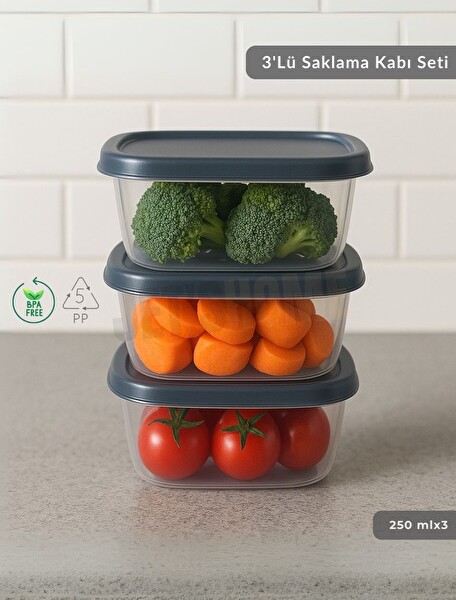 Jet's Home 3'lü Saklama Kabı Seti Kare Erzak Kabı Bpa Free Derin Dondurucu için Uygun 250 ML