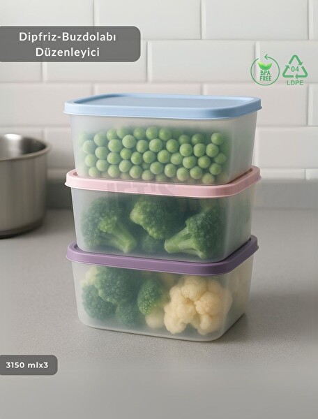 Jet's Home 3'lü Dipfriz Saklama Kabı 3150 ML No Frost Silikon Kapaklı Derin Dondurucu Düzenleyici BPA Free