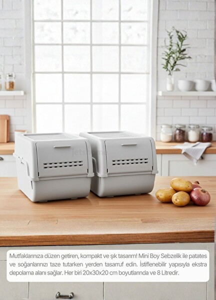 Jet's Home 2'li Mini Boy Patates Soğan Sepeti BPA Free Sebzelik Organizer Kutu Motek Gri 8 L