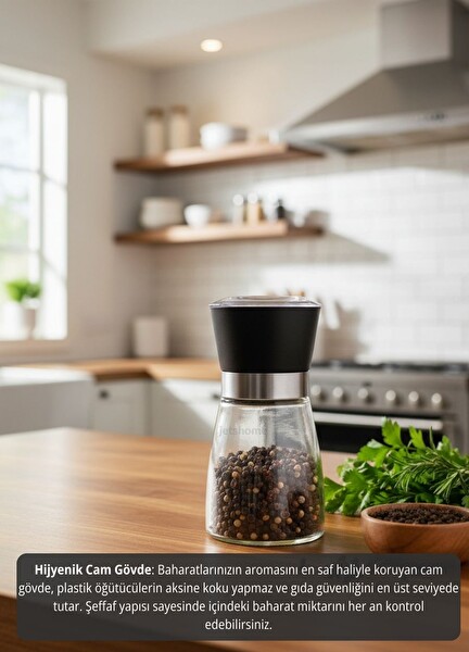 Jet's Home Pratik Kapaklı Günlük Kullanıma Uyumlu 13 CM Cam Baharat Değirmeni - 2 Parça