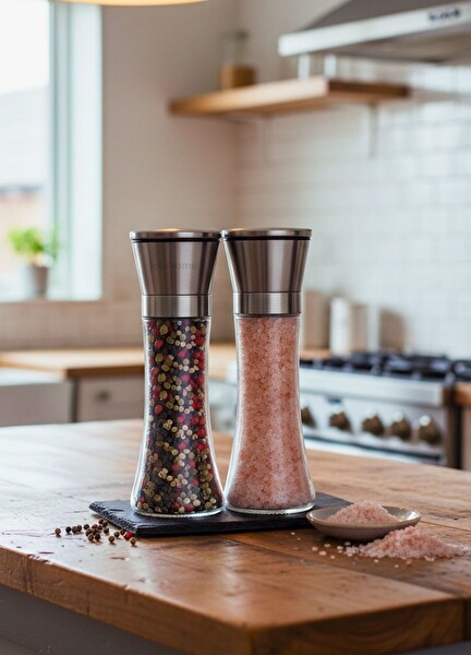 Jet's Home Cam Gövdeli Paslanmaz Çelik 19 CM Baharat Değirmeni 2'li Set