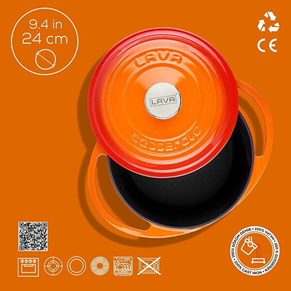Lava Heritage Serisi Döküm Yuvarlak Tencere Döküm Demir Kapak Çap 24 CM Turuncu