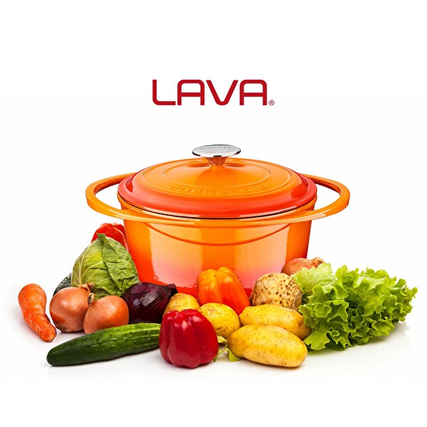 Lava Heritage Serisi Döküm Yuvarlak Tencere Döküm Demir Kapak Çap 24 CM Turuncu