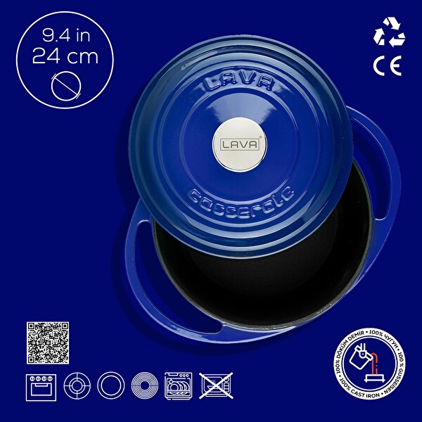 Lava Heritage Serisi Döküm Yuvarlak Tencere Döküm Demir Kapak Çap 24 CM Mavi