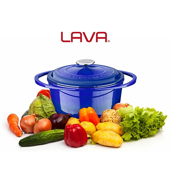 Lava Heritage Serisi Döküm Yuvarlak Tencere Döküm Demir Kapak Çap 24 CM Mavi