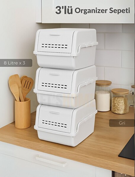 Jet's Home 3'lü Set Organizer Erzak Kutusu Bpa Free Saklama Kutusu Soğanlık Sebzelik Sepet Gri 8 Lt x 3